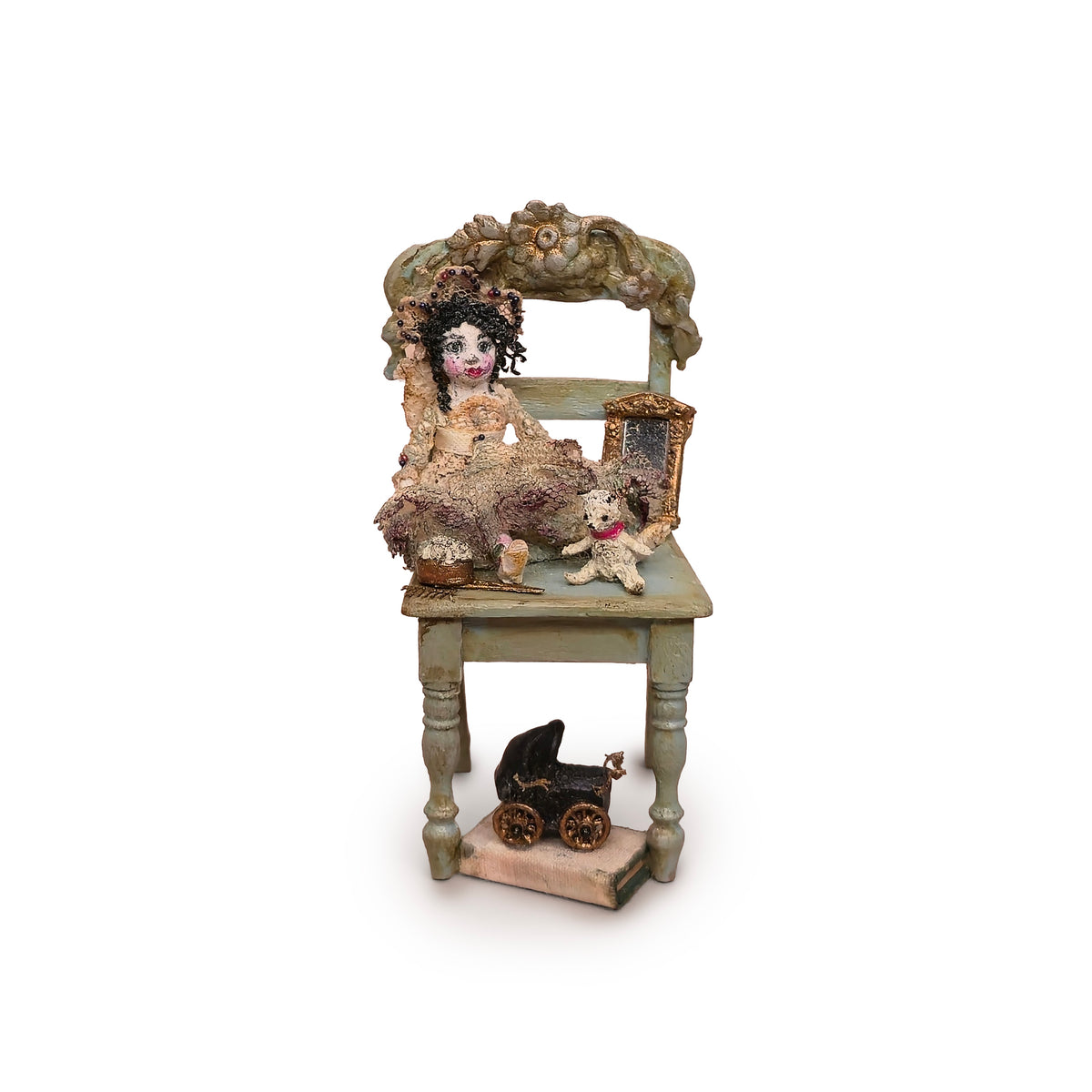Victorian Doll on Aged Ornate Chair with Miniature Nursery Toys 1:12 Scale Diorama