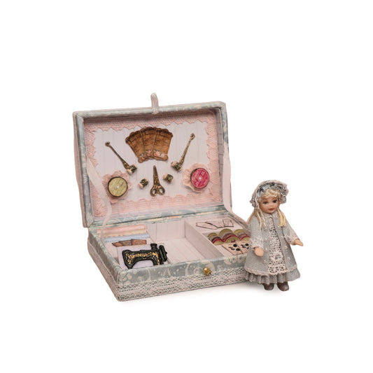 Diane Yunnie Victorian Porcelain Girl Doll with Miniature Sewing Trousseau & Keepsake Box
