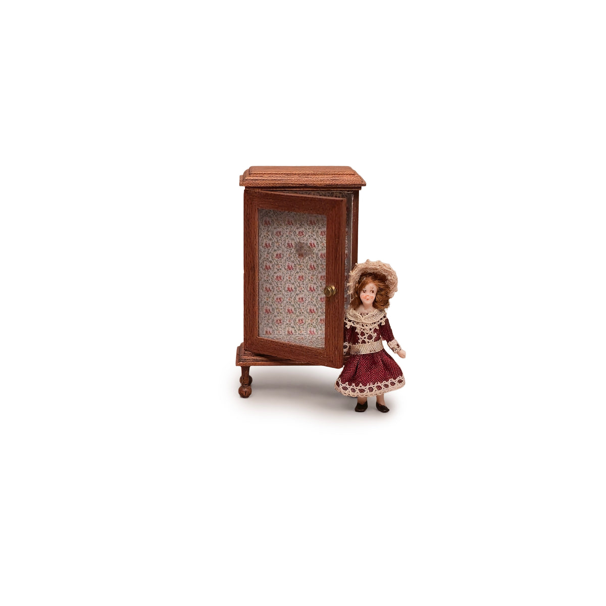 Almudena Gonzalez Victorian Porcelain Girl Doll in Burgundy Dress with Display Cabinet