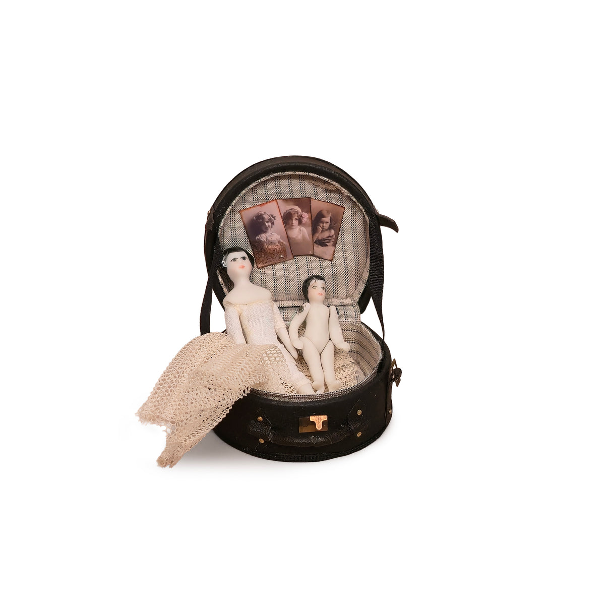 Artisan Victorian China Head & All-Bisque Dolls with Leather Hatbox Case 1:12 Scale