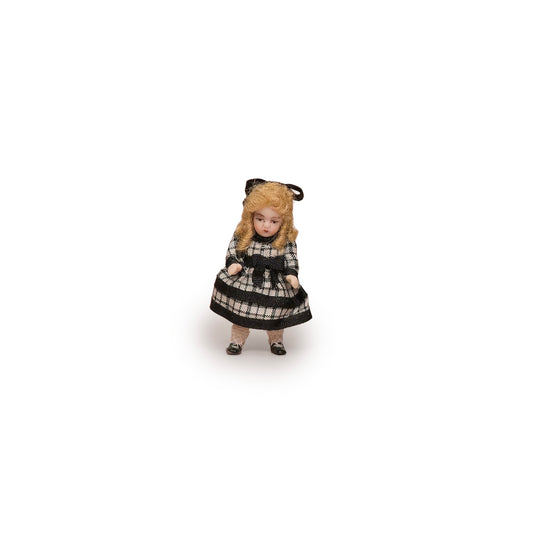 Pat Boldt Black & White Checkered Porcelain Doll's Doll with Blonde Mohair Curls
