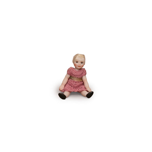 Marcella Cupello Blonde Jointed Porcelain Doll's Doll in Pink Crochet Dress