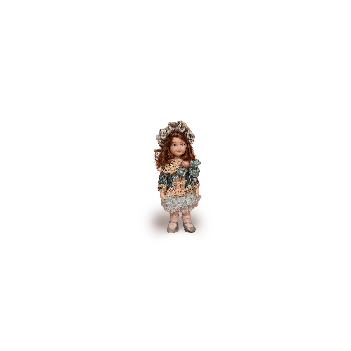Almudena Gonzalez Victorian Girl Doll's Doll in Blue Silk Drop-Waist Dress with Lace Trim