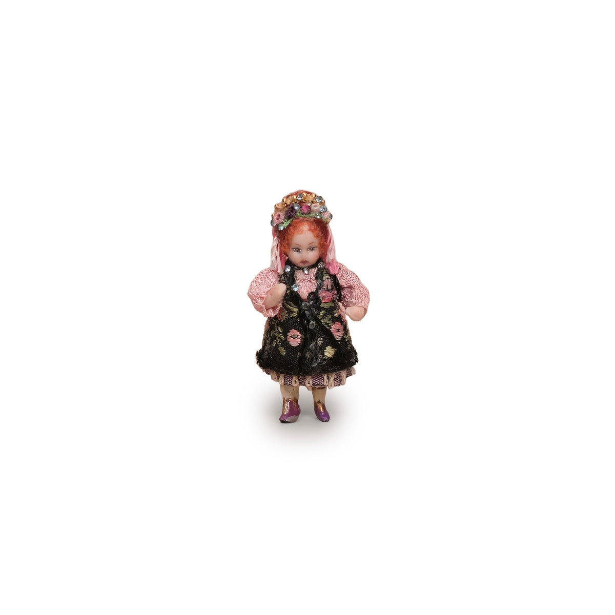 Artisan Porcelain Folk Art Doll's Doll in Embroidered Floral Dress with Jeweled Headdress