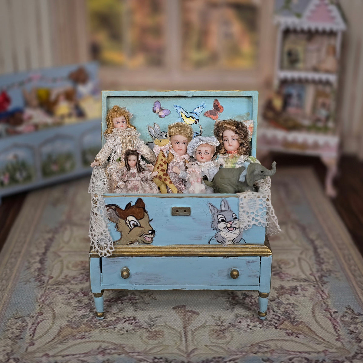 Pat Boldt Hand-Painted Bambi Nursery Toy Chest with Five Porcelain Dolls, Signed 2019