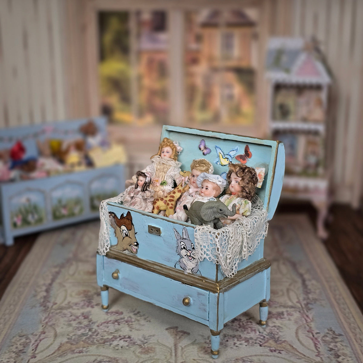 Pat Boldt Hand-Painted Bambi Nursery Toy Chest with Five Porcelain Dolls, Signed 2019