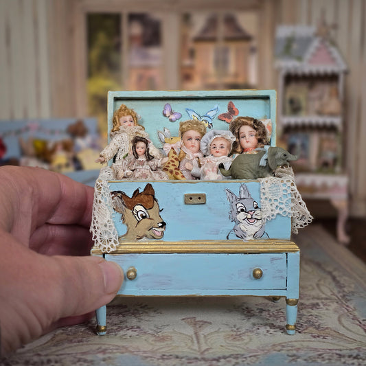 Pat Boldt Hand-Painted Bambi Nursery Toy Chest with Five Porcelain Dolls, Signed 2019