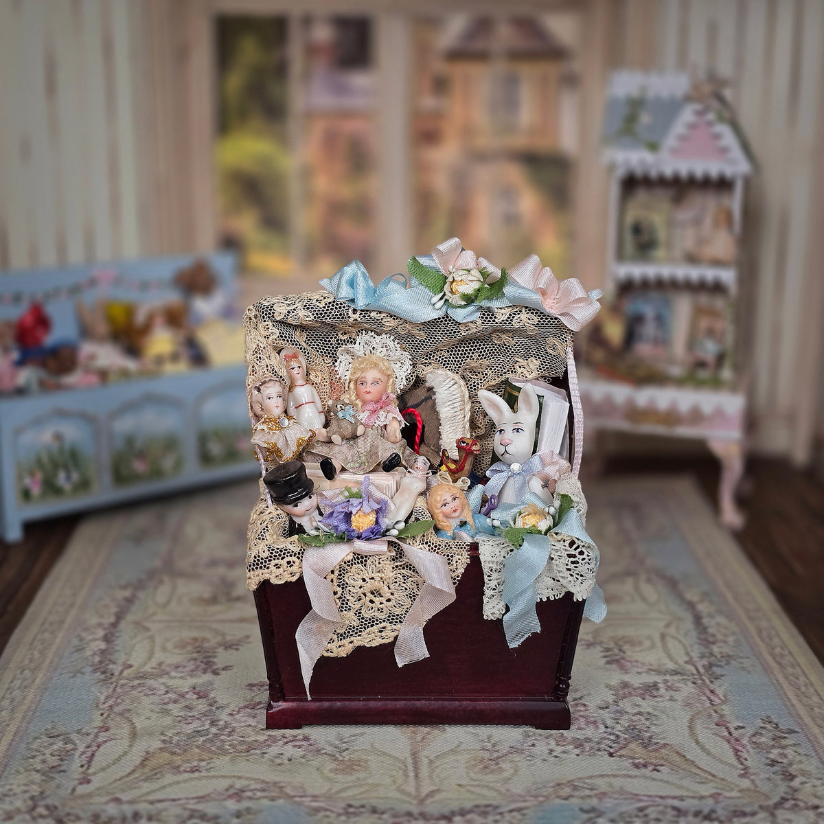 Pat Boldt 7 Bisque Porcelain Dolls in Antique Lace-Filled Bespaq Nursery Toy Trunk