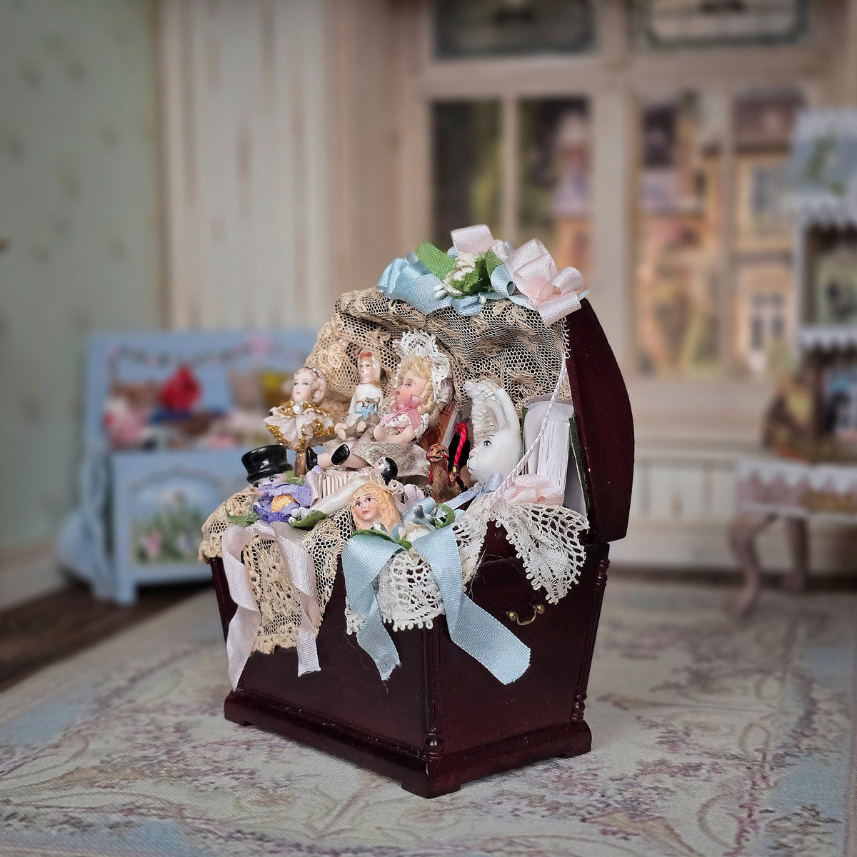 Pat Boldt 7 Bisque Porcelain Dolls in Antique Lace-Filled Bespaq Nursery Toy Trunk