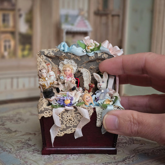 Pat Boldt 7 Bisque Porcelain Dolls in Antique Lace-Filled Bespaq Nursery Toy Trunk