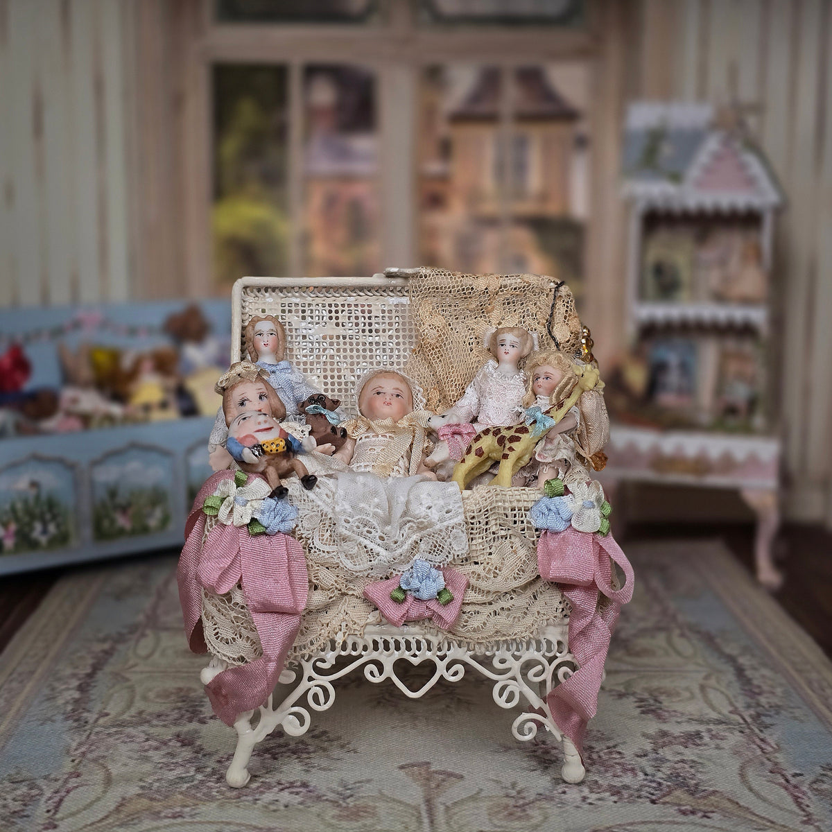 Pat Boldt Lace-Filled Wirework Toy Trunk with 6 Bisque Porcelain Dolls & Nursery Toys