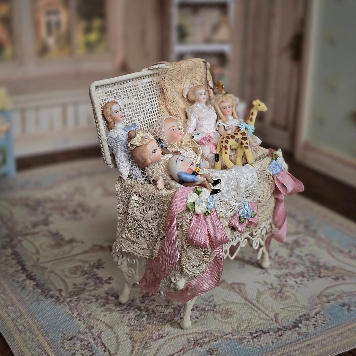 Pat Boldt Lace-Filled Wirework Toy Trunk with 6 Bisque Porcelain Dolls & Nursery Toys