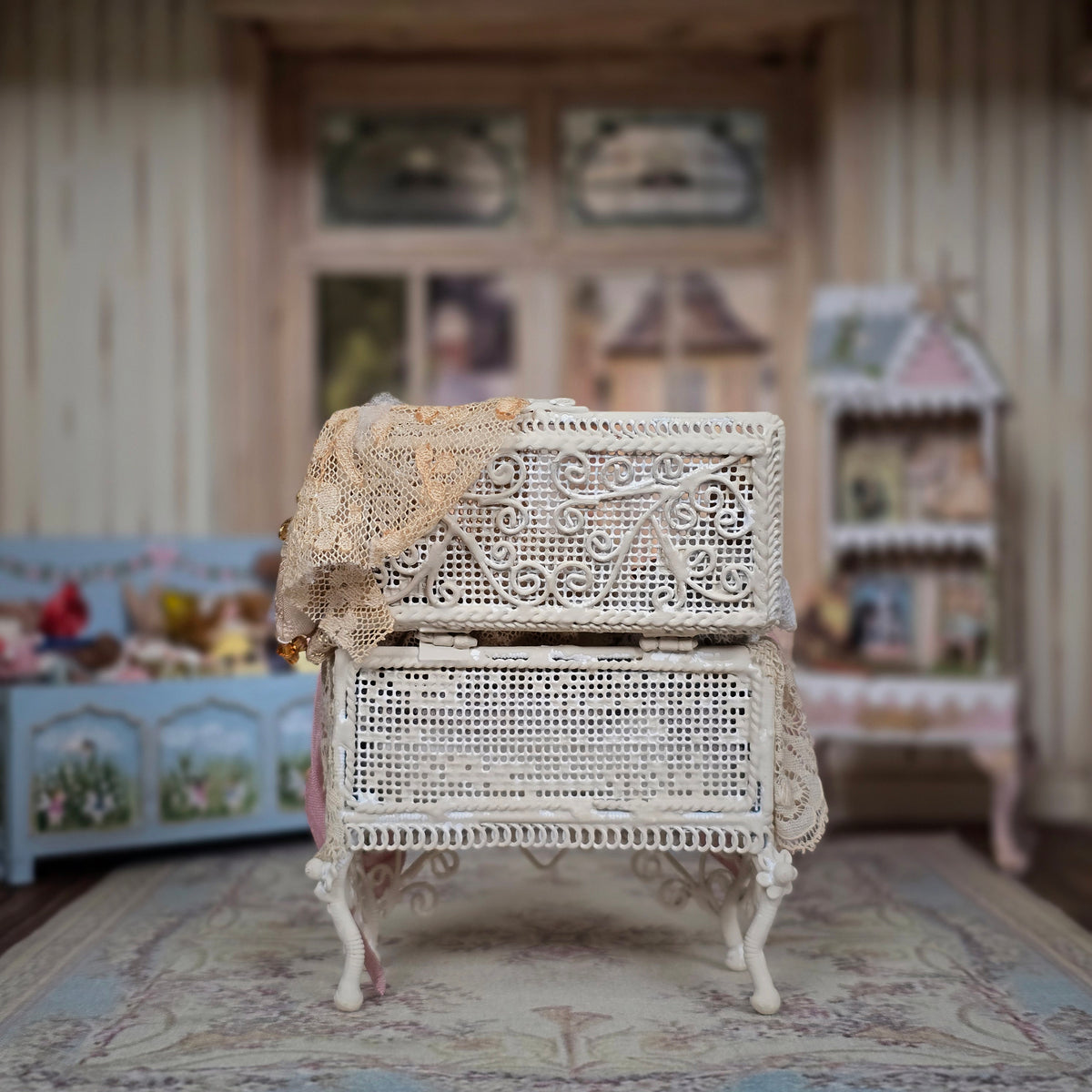 Pat Boldt Lace-Filled Wirework Toy Trunk with 6 Bisque Porcelain Dolls & Nursery Toys
