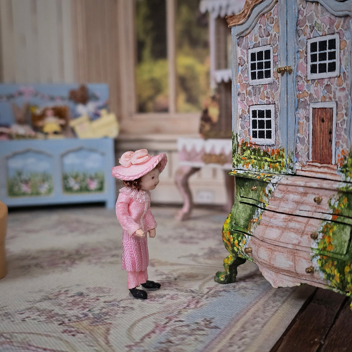 Artisan Little Girl Companion Doll in Pink Victorian Outfit with Oval Presentation Box