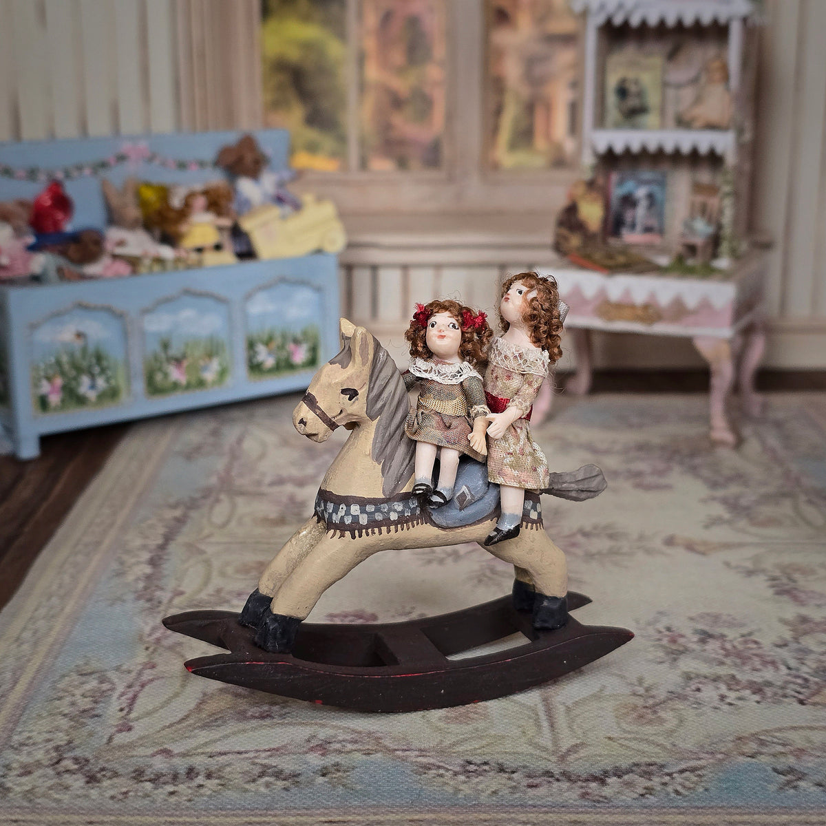 Almudena Gonzalez Two Victorian Little Girl Dolly's Riding a Wooden Rocking Horse