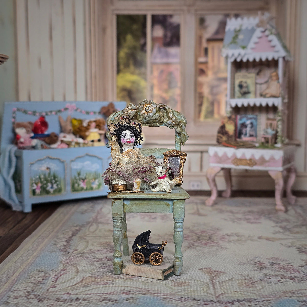 Victorian Doll on Aged Ornate Chair with Miniature Nursery Toys 1:12 Scale Diorama