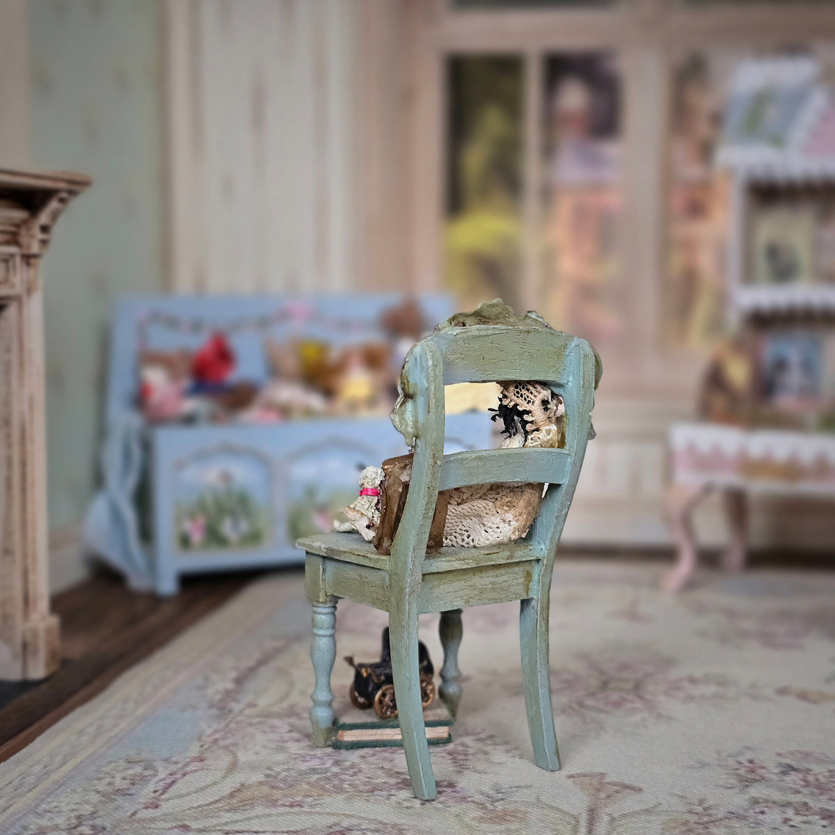 Victorian Doll on Aged Ornate Chair with Miniature Nursery Toys 1:12 Scale Diorama