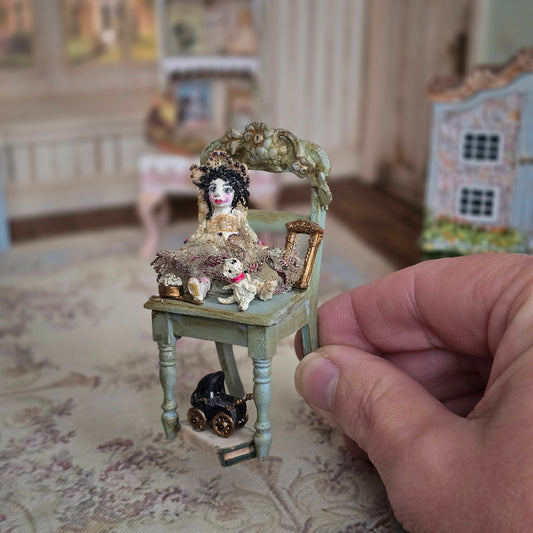 Victorian Doll on Aged Ornate Chair with Miniature Nursery Toys 1:12 Scale Diorama