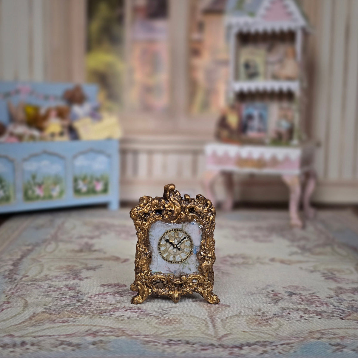 Signed Rococo Gilt Mantel Clock with Hidden Miniature Dollhouse Diorama