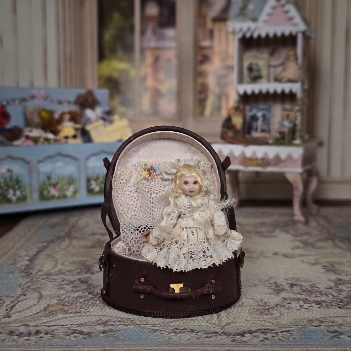 Tanya Harvey & Jose Gomez Victorian Girl Doll with Leather Travel Trunk, Bear & Baby Doll