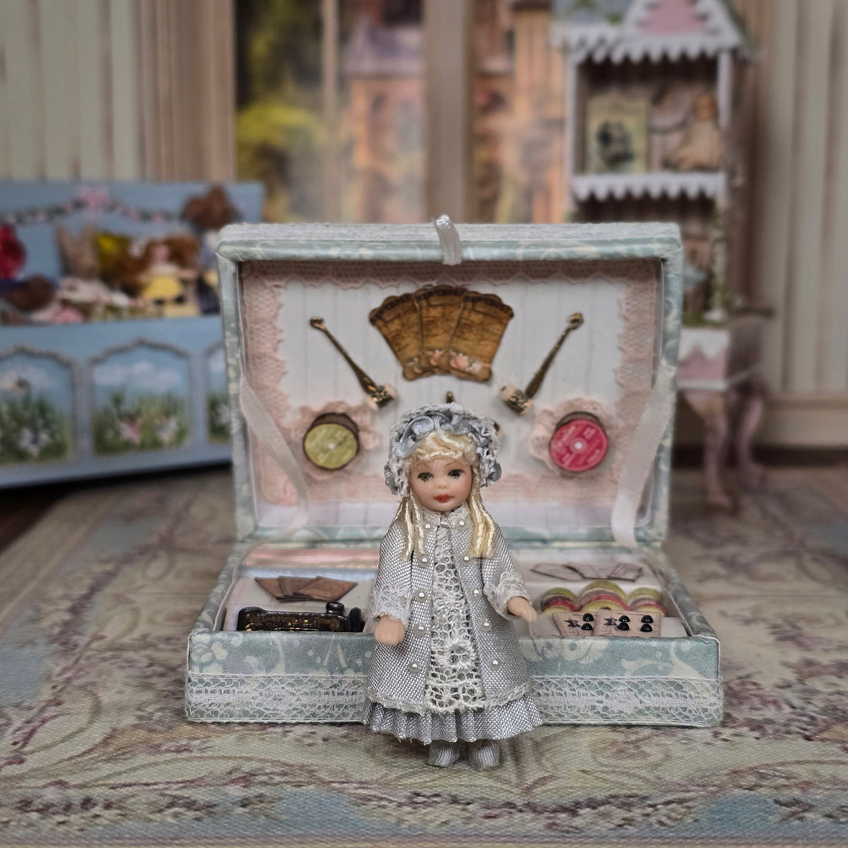 Diane Yunnie Victorian Porcelain Girl Doll with Miniature Sewing Trousseau & Keepsake Box