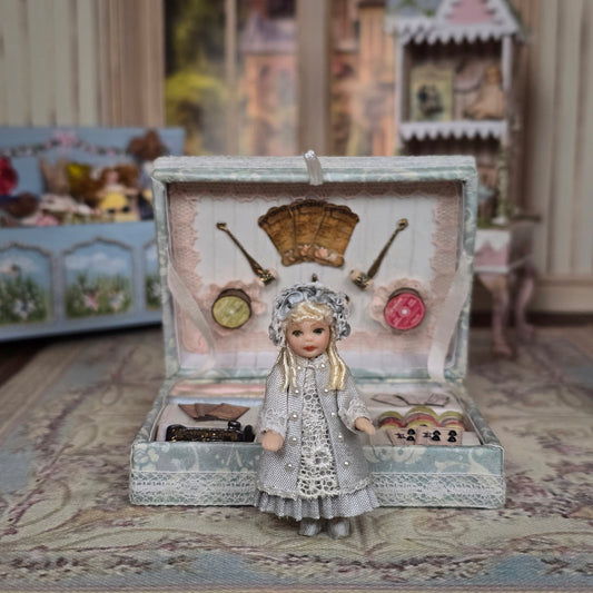 Diane Yunnie Victorian Porcelain Girl Doll with Miniature Sewing Trousseau & Keepsake Box