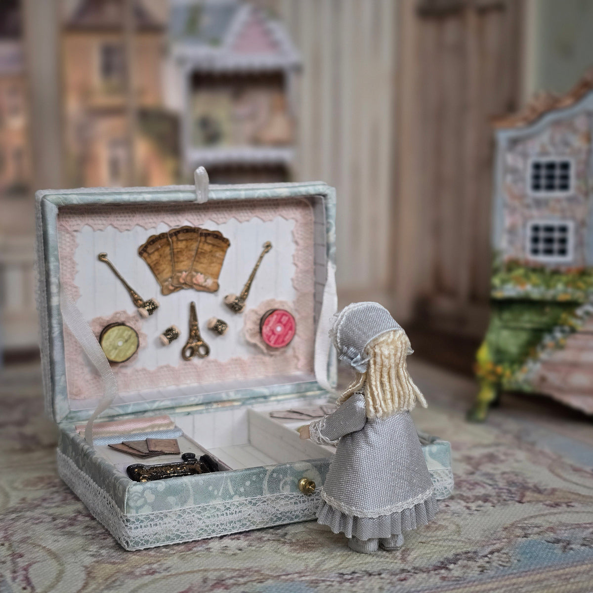 Diane Yunnie Victorian Porcelain Girl Doll with Miniature Sewing Trousseau & Keepsake Box