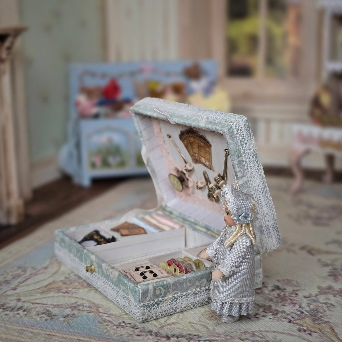 Diane Yunnie Victorian Porcelain Girl Doll with Miniature Sewing Trousseau & Keepsake Box