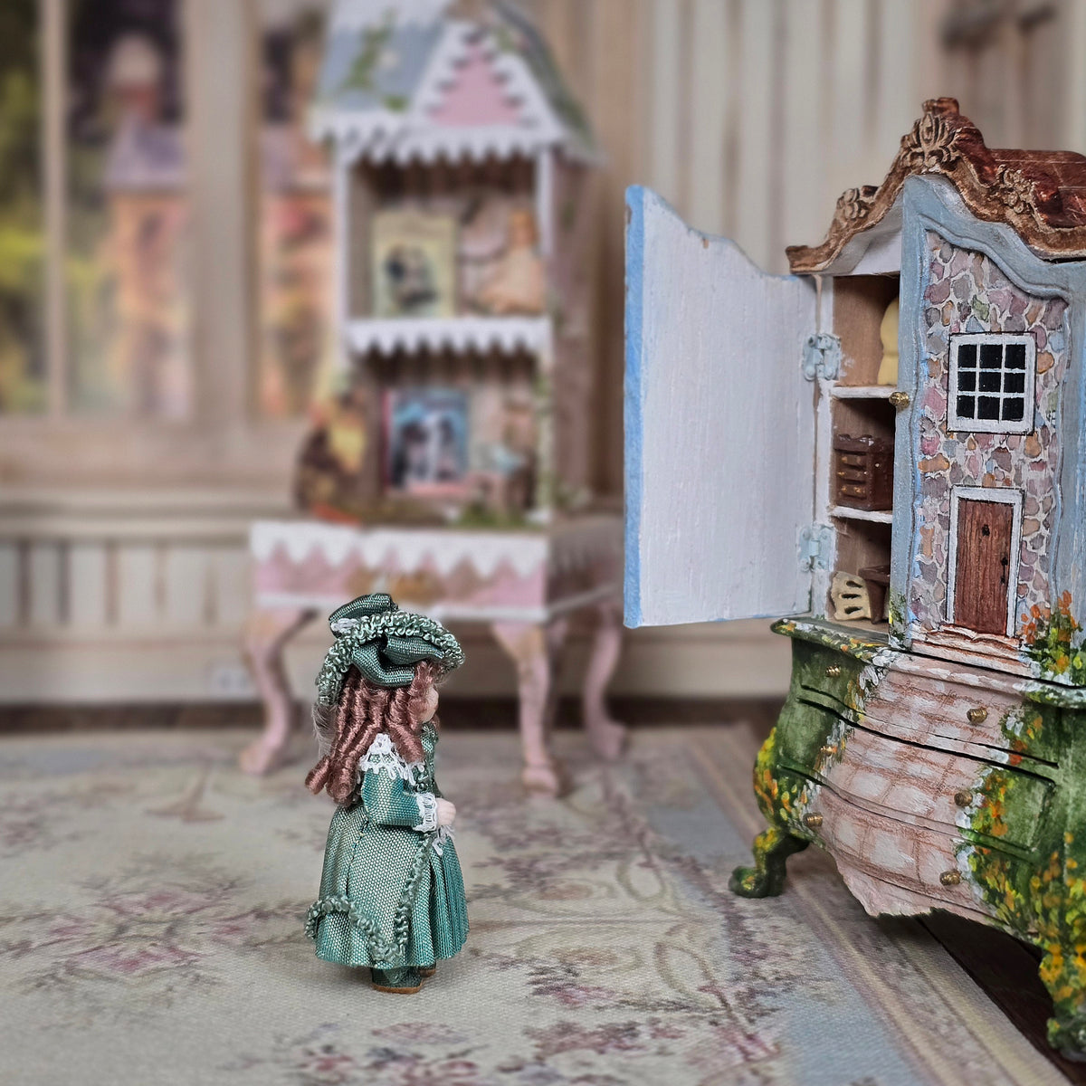 Terri Davis Edwardian Girl Doll's Doll in Emerald Green Silk Dress & Feathered Hat