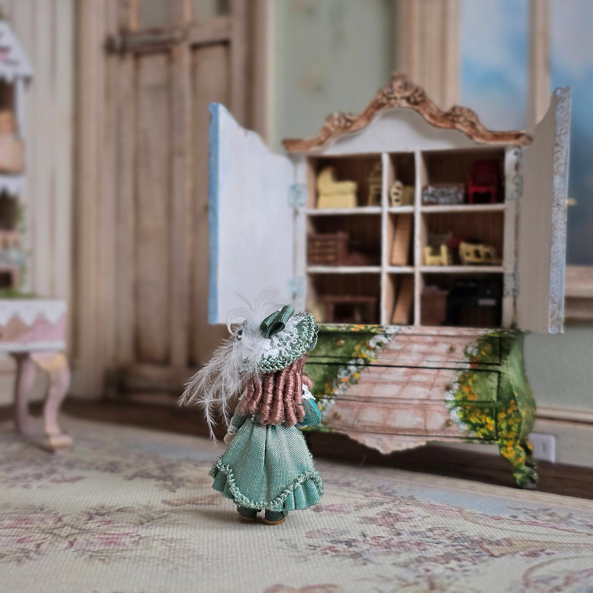 Terri Davis Edwardian Girl Doll's Doll in Emerald Green Silk Dress & Feathered Hat