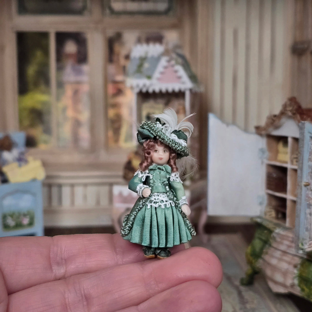 Terri Davis Edwardian Girl Doll's Doll in Emerald Green Silk Dress & Feathered Hat