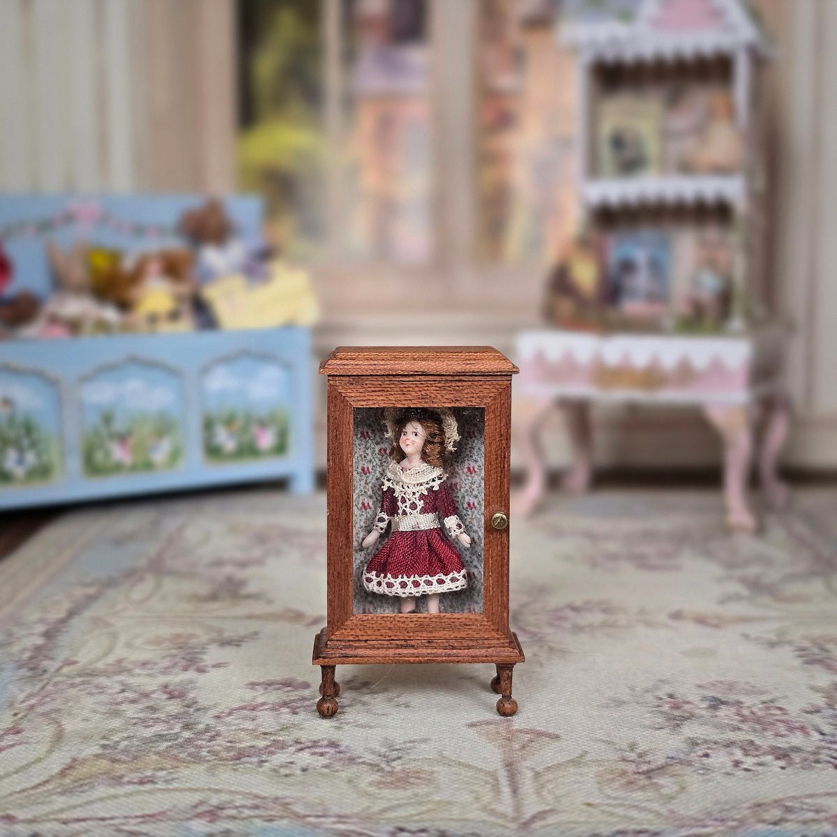 Almudena Gonzalez Victorian Porcelain Girl Doll in Burgundy Dress with Display Cabinet