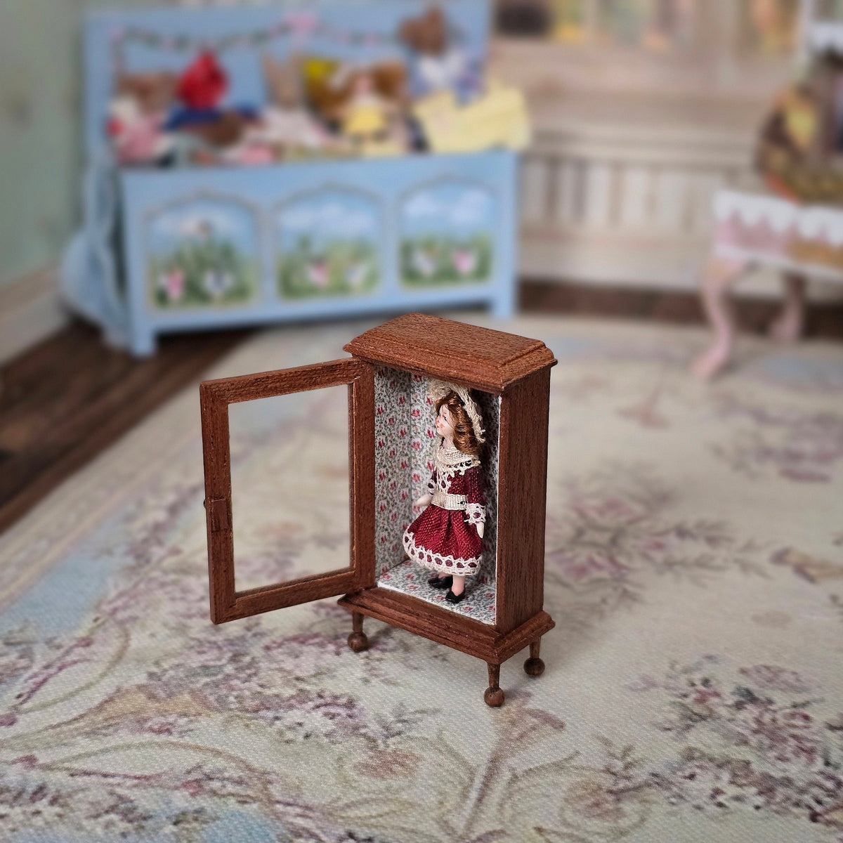 Almudena Gonzalez Victorian Porcelain Girl Doll in Burgundy Dress with Display Cabinet