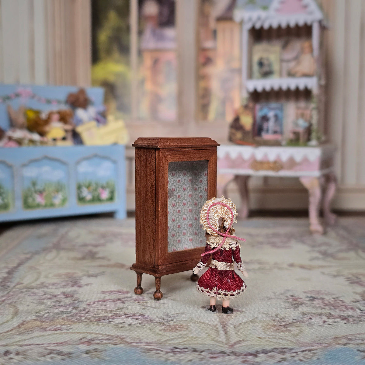 Almudena Gonzalez Victorian Porcelain Girl Doll in Burgundy Dress with Display Cabinet