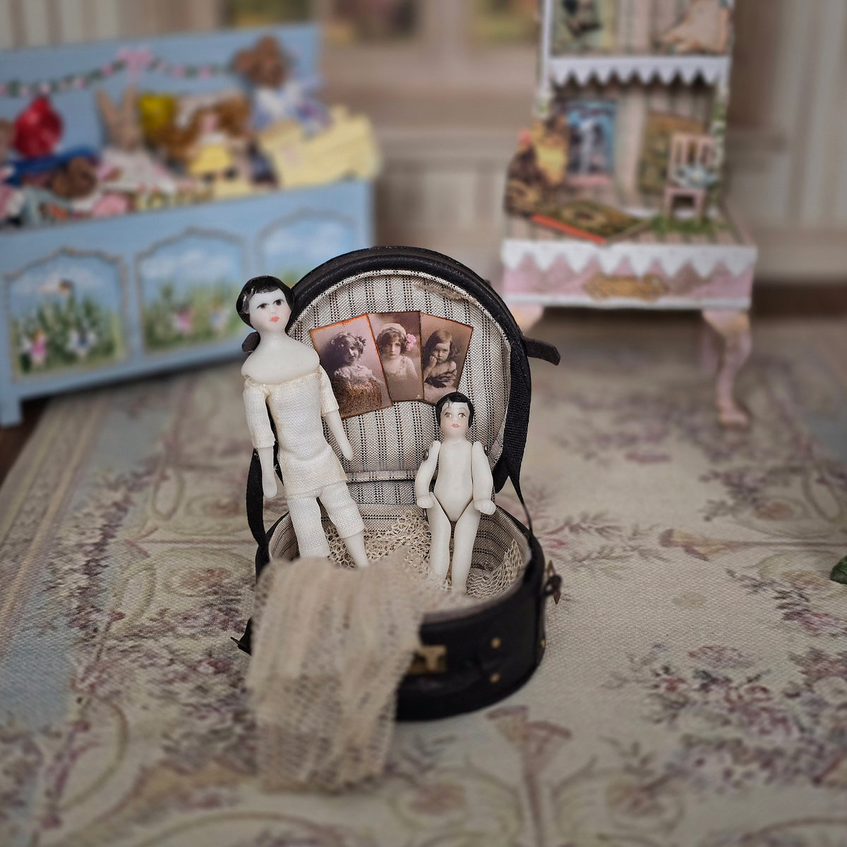 Artisan Victorian China Head & All-Bisque Dolls with Leather Hatbox Case 1:12 Scale