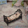 Load image into Gallery viewer, Pat Boldt Antique-Style Porcelain Doll's Doll with Leather Body on Ornate Metal Bed
