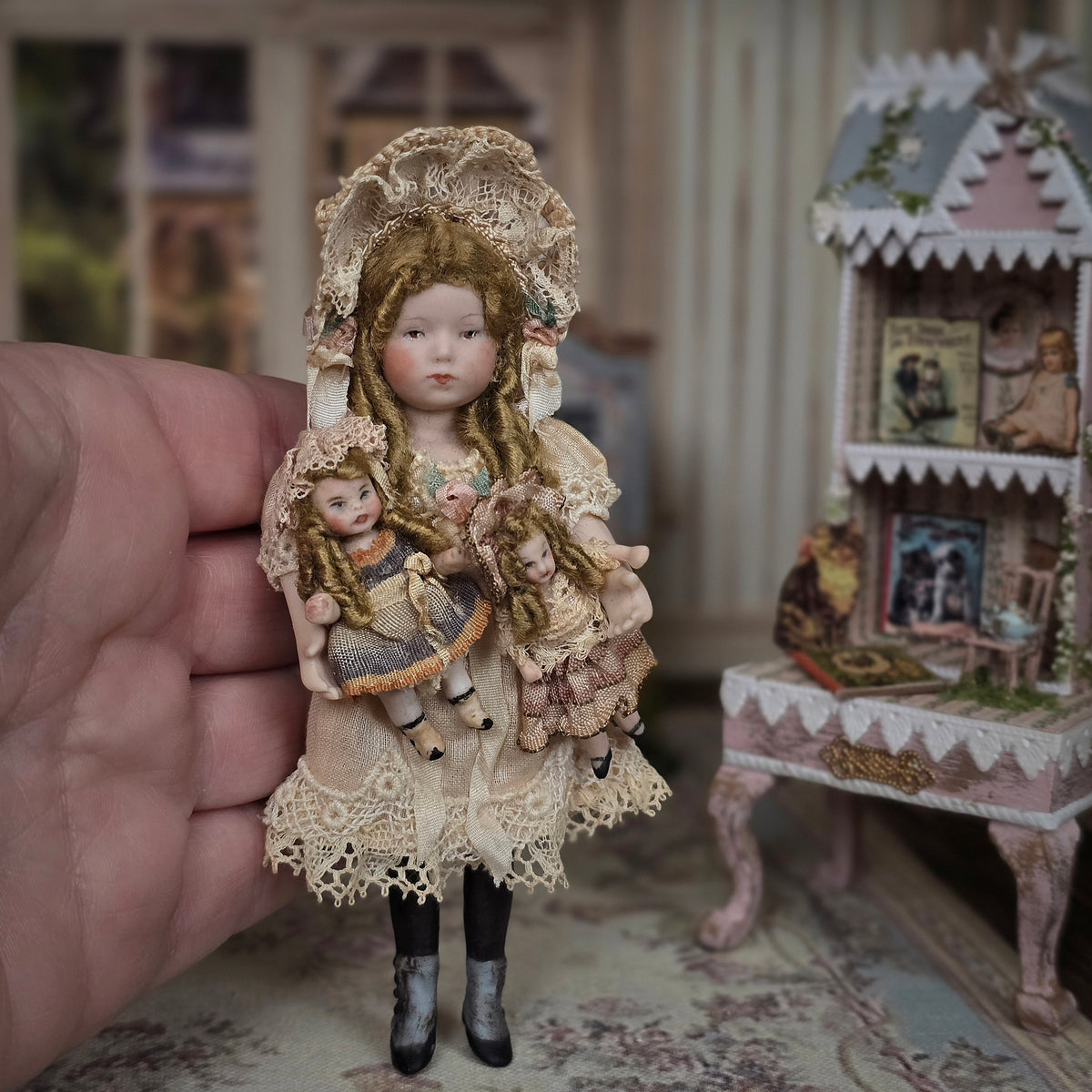 Pat Boldt Victorian Porcelain Girl Doll Holding Two Companion Dolls, IGMA Artisan