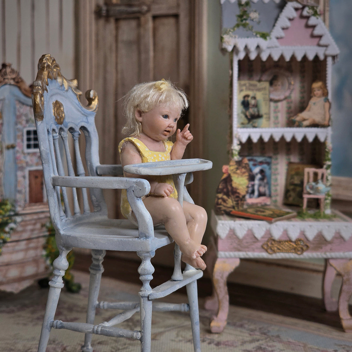 Svetlana Bläsing OOAK Pointing Blonde Toddler Girl Doll in Yellow Polka Dot Romper