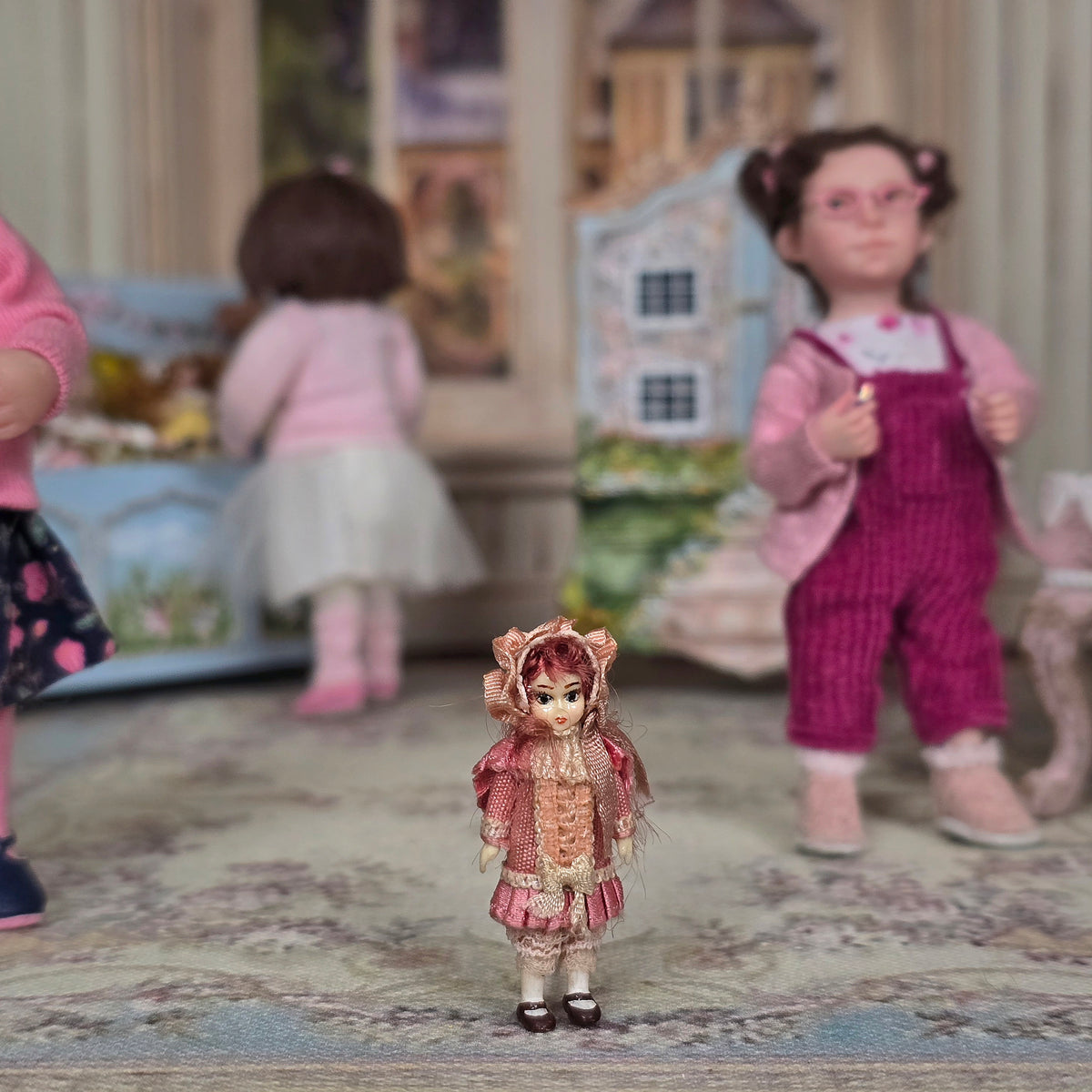 Linda Stier Victorian Mignonette Doll in Pink Silk & Lace Dress, Porcelain 1:12 Scale