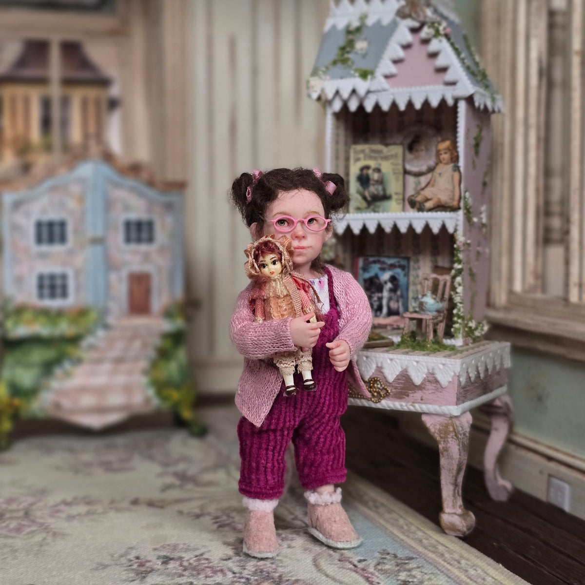 Linda Stier Victorian Mignonette Doll in Pink Silk & Lace Dress, Porcelain 1:12 Scale