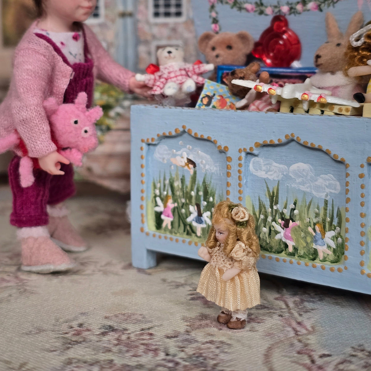 Pat Boldt Tiny Standing Blonde Doll in Peach Gold Dress for 1:12 Dollhouse Child