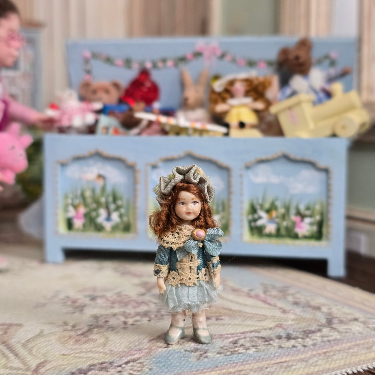 Almudena Gonzalez Victorian Girl Doll's Doll in Blue Silk Drop-Waist Dress with Lace Trim
