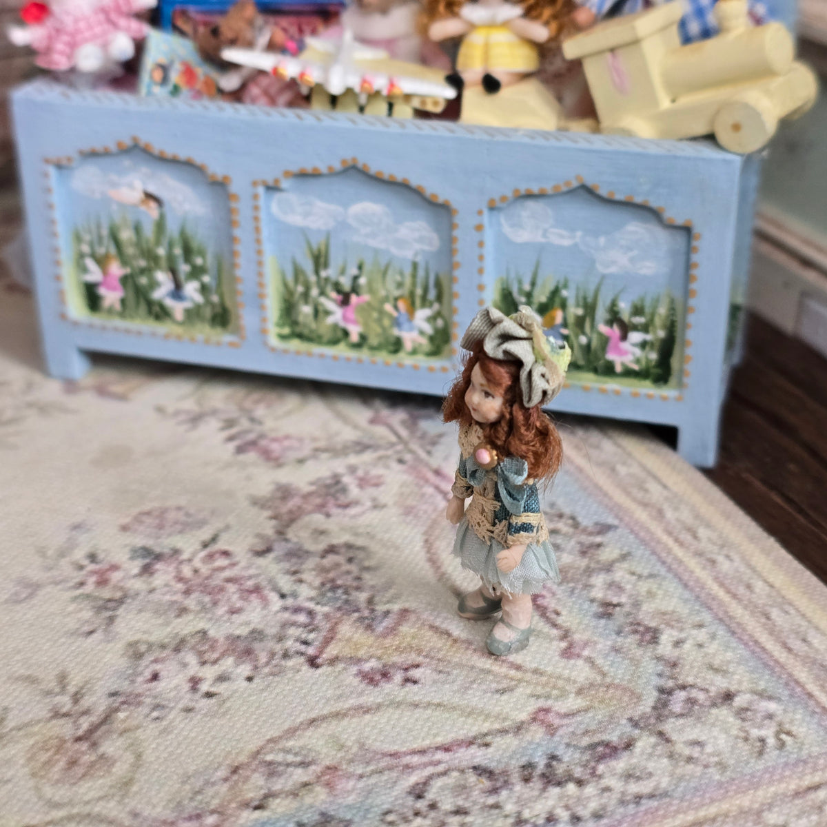 Almudena Gonzalez Victorian Girl Doll's Doll in Blue Silk Drop-Waist Dress with Lace Trim