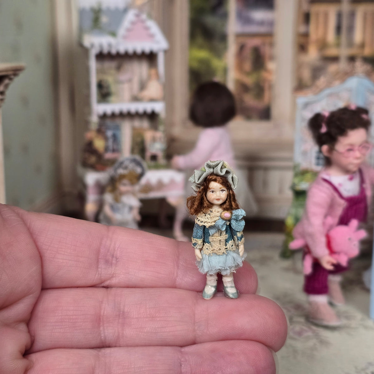 Almudena Gonzalez Victorian Girl Doll's Doll in Blue Silk Drop-Waist Dress with Lace Trim