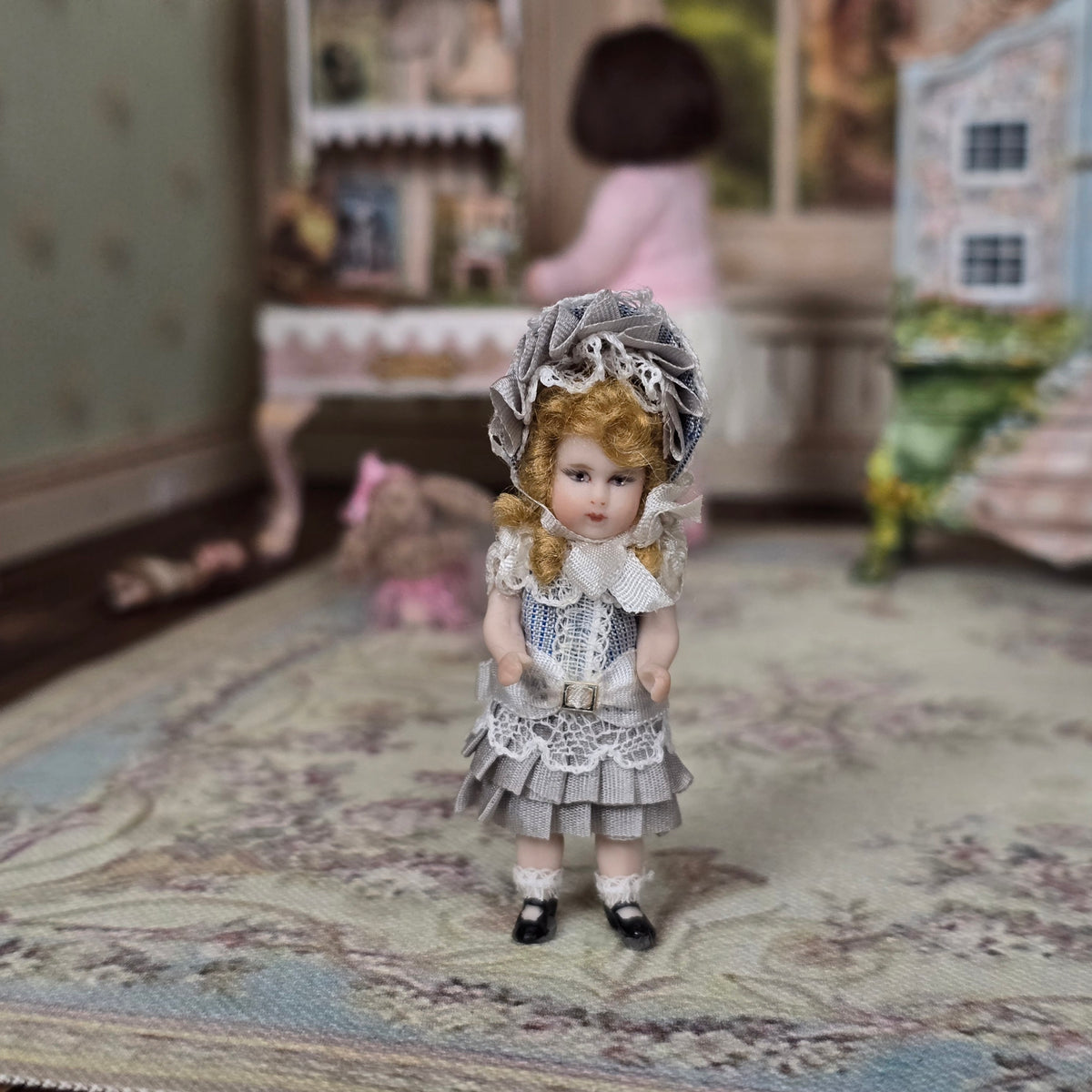 Pat Boldt Bru Jne Antique French Reproduction Porcelain Doll in Grey Silk Dress