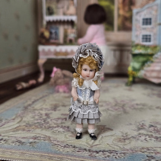 Pat Boldt Bru Jne Antique French Reproduction Porcelain Doll in Grey Silk Dress