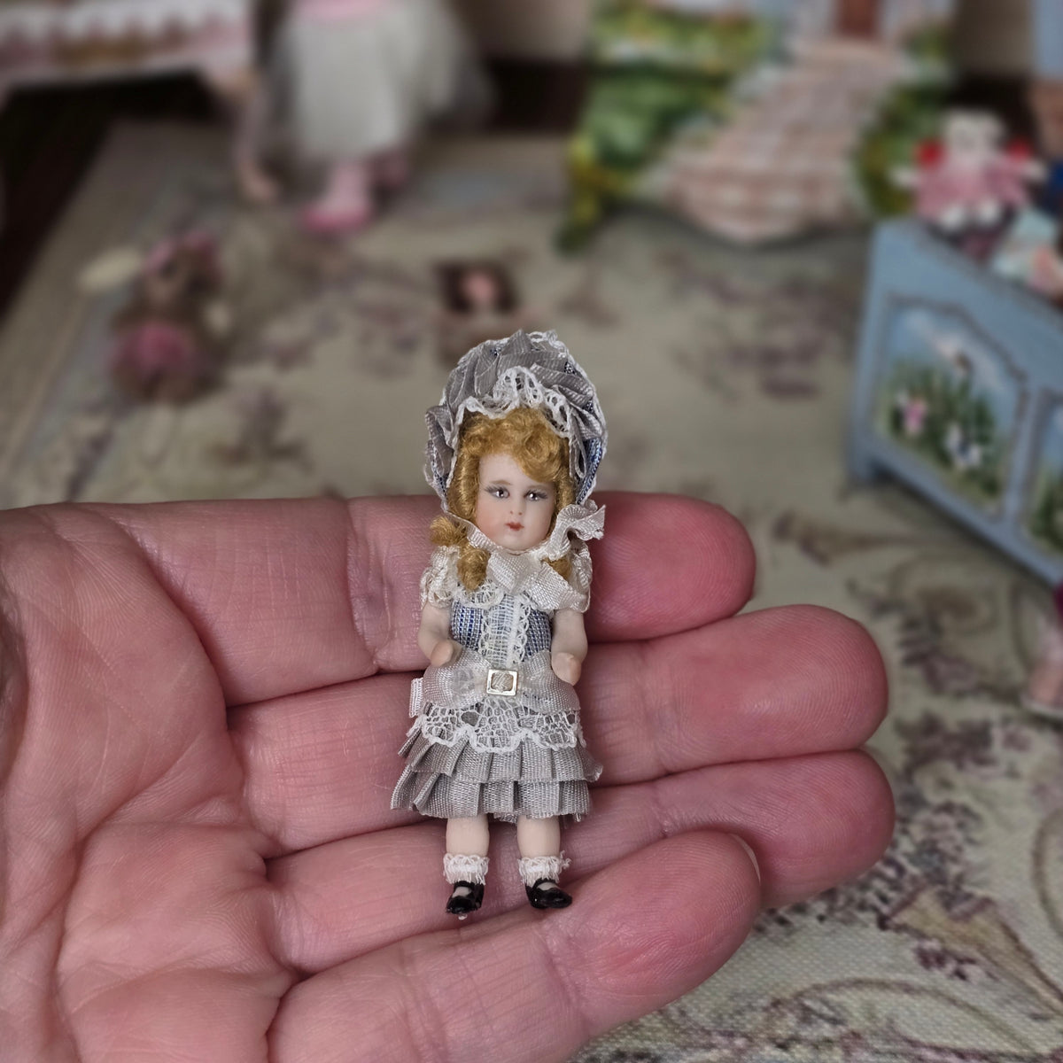 Pat Boldt Bru Jne Antique French Reproduction Porcelain Doll in Grey Silk Dress