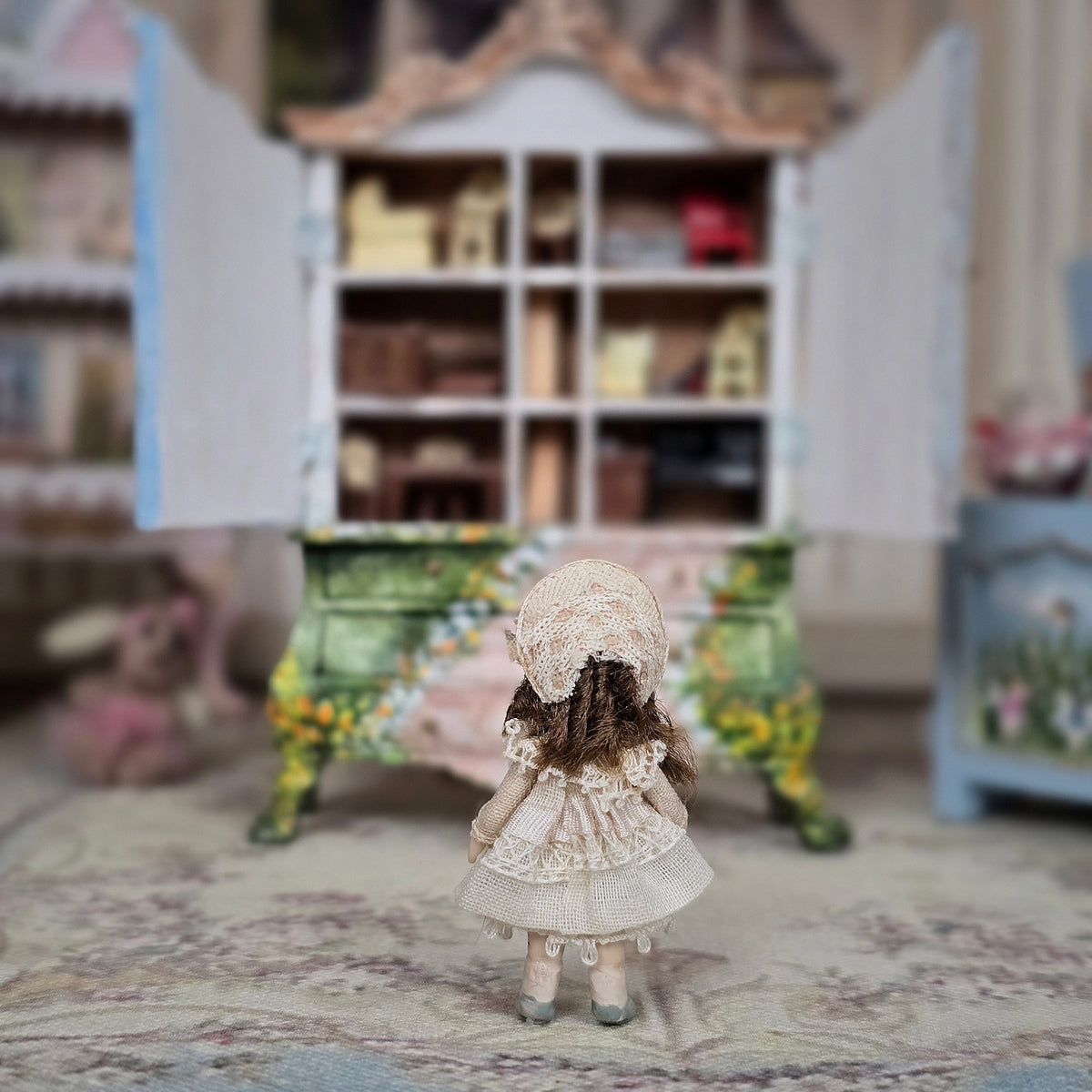 Almudena Gonzalez Porcelain Victorian Cabinet Doll in Pink Lace Dress & Floral Bonnet