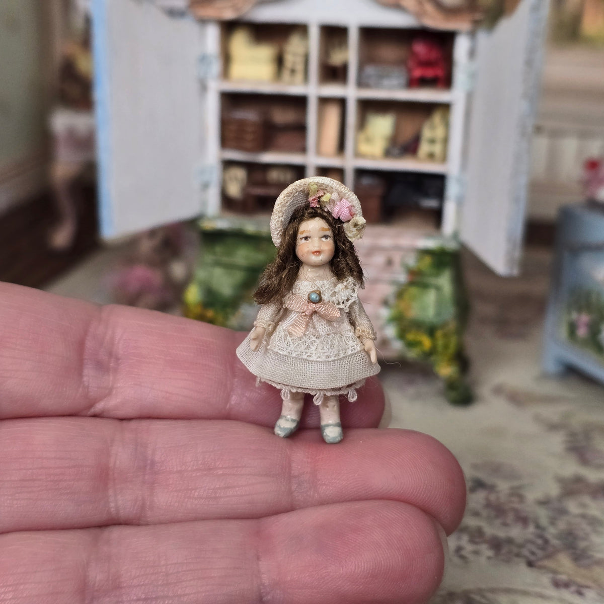 Almudena Gonzalez Porcelain Victorian Cabinet Doll in Pink Lace Dress & Floral Bonnet