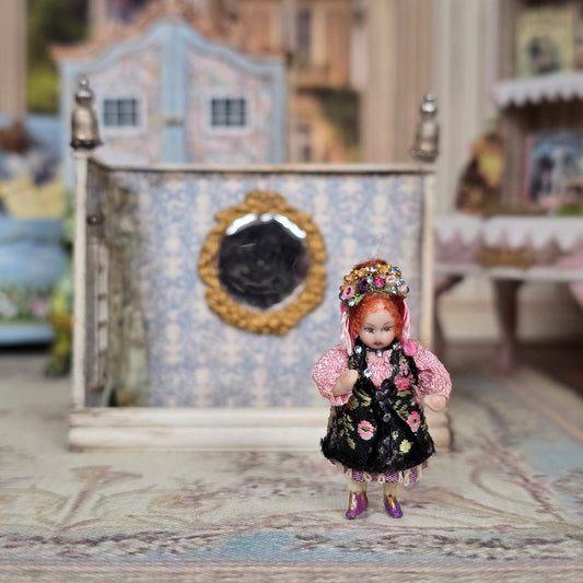 Artisan Porcelain Folk Art Doll's Doll in Embroidered Floral Dress with Jeweled Headdress
